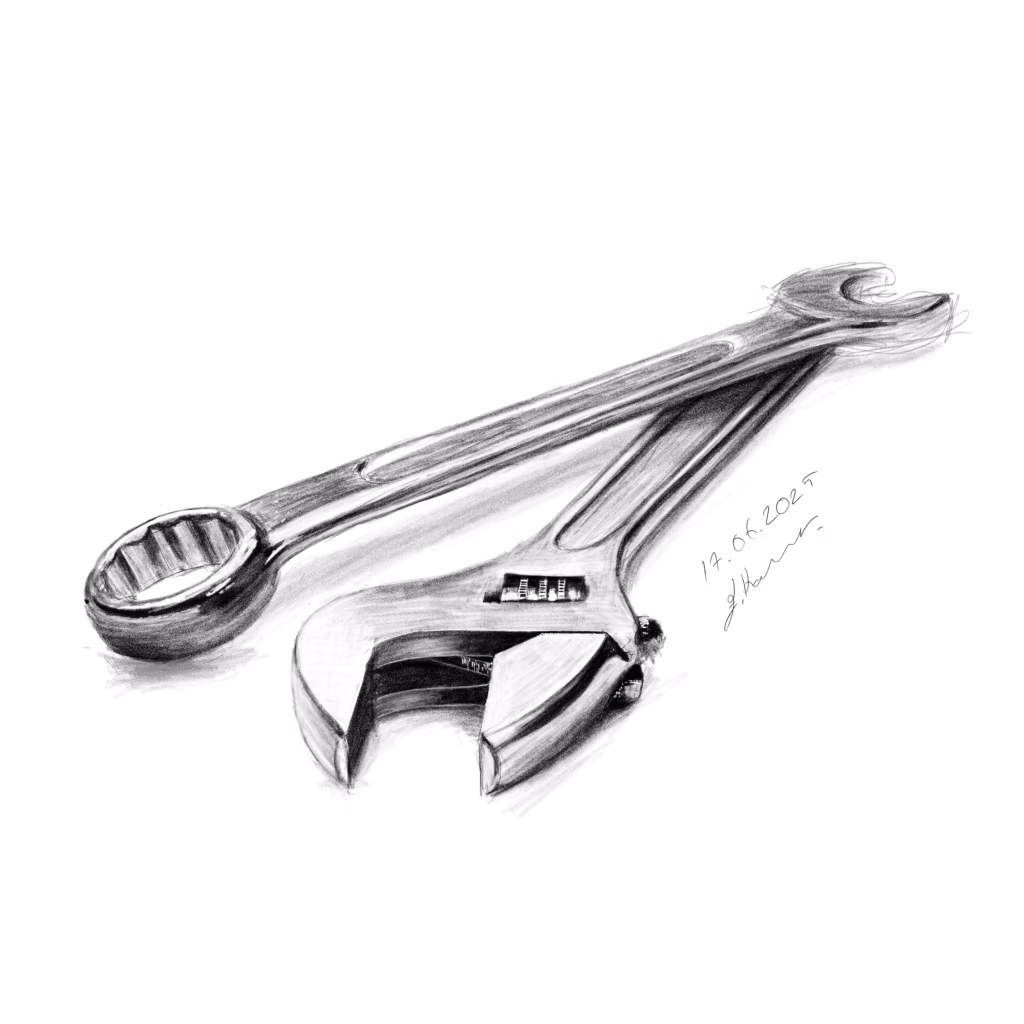 Digital pencil drawing of froglet and open-ended key - Technical object drawing prepared with Adobe Fresco and iPad