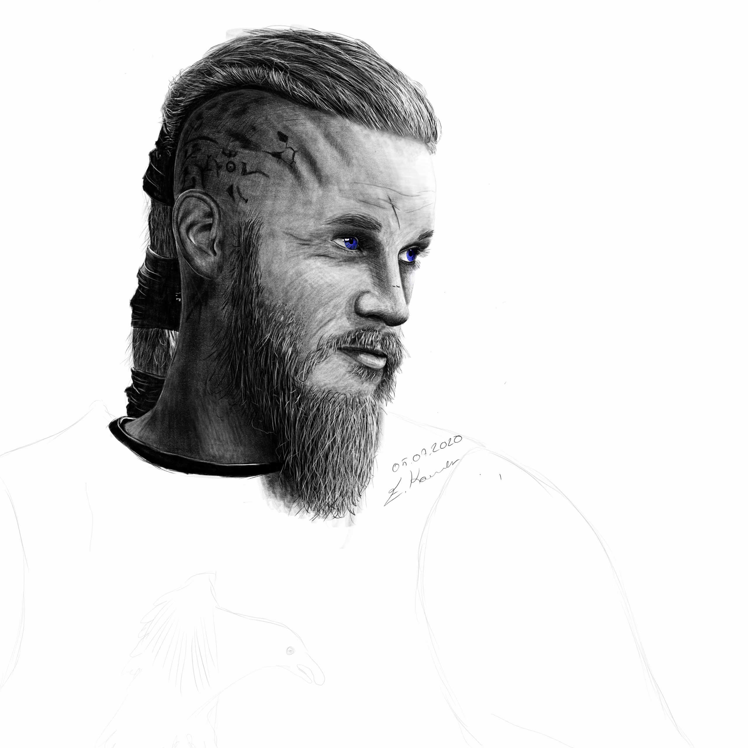 Ragnar Lothbrok dijital karakalem çizimi – Travis Fimmel portresi iPad ile yapılmış Viking karakter çizimi