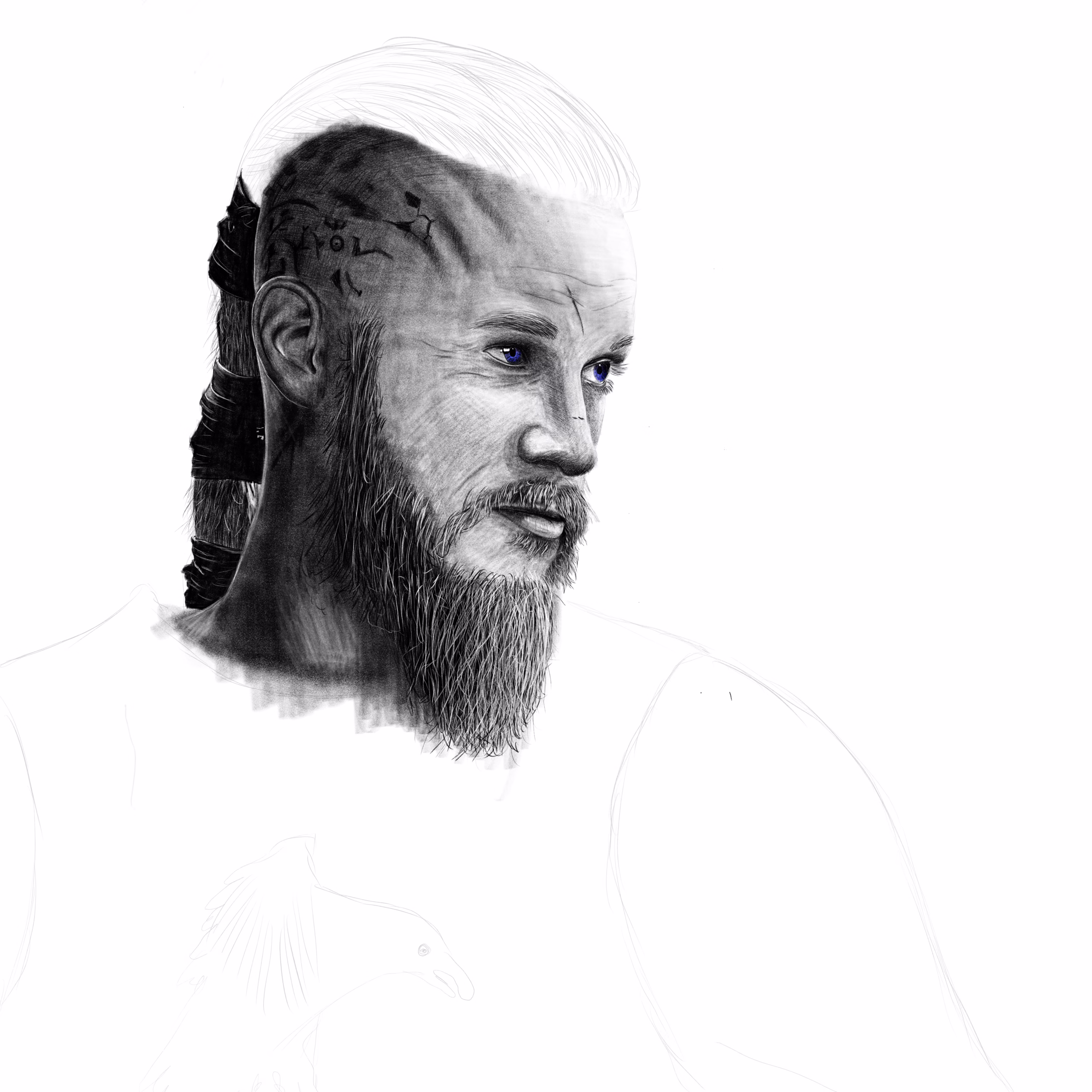 Ragnar Lothbrok dijital karakalem çizimi – Travis Fimmel portresi iPad ile yapılmış Viking karakter çizimi