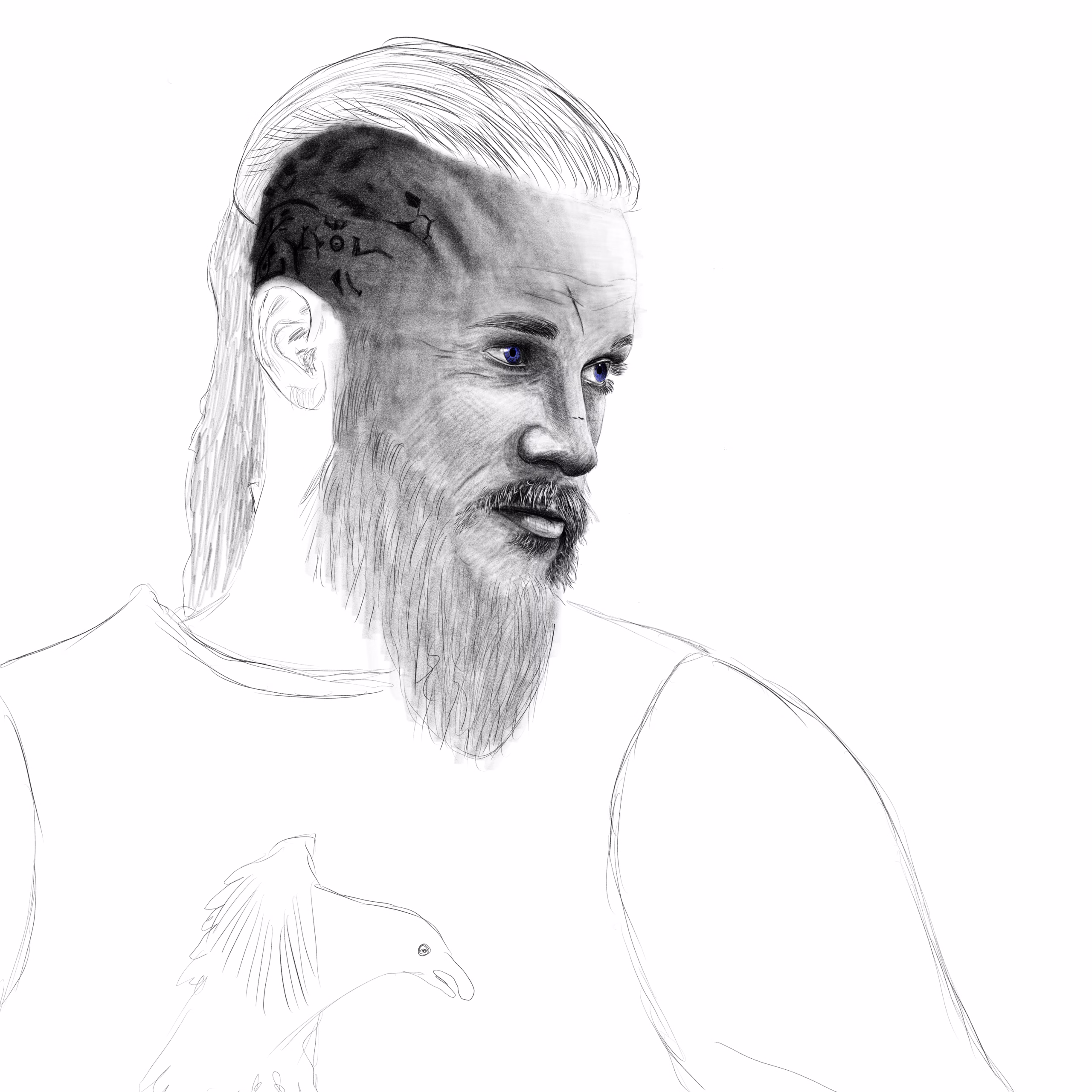 Ragnar Lothbrok dijital karakalem çizimi – Travis Fimmel portresi iPad ile yapılmış Viking karakter çizimi